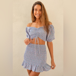 Lulus Sweetie Blue Floral Print Smocked Ruffled Bodycon Mini Skirt‎